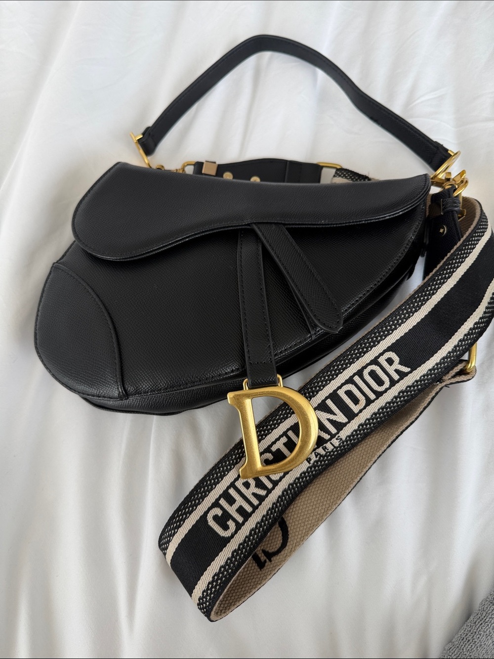 Dior Black Saddle Bag with Branded Strap and Gold D Hardware
